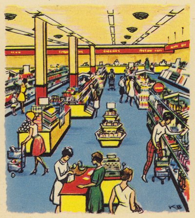 Una tienda de autoservicio o supermercado temprano en Gran Bretaña, c. 1950 de English School